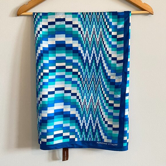 100% Silk Scarf in Blue Monotone Geometric Abstract Print Adrienne Vittadini - Picture 1 of 9